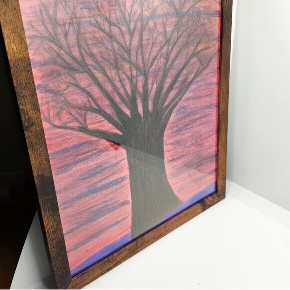 Handmade Framed Pencil Art  Winter Evening Tree Original Colored Drawing - Picture 3 of 14